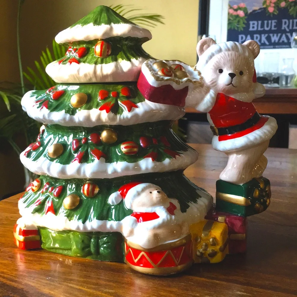 World Bazaar Cute Teddy Bear in Santa Suit Christmas Tree teapot hand painted